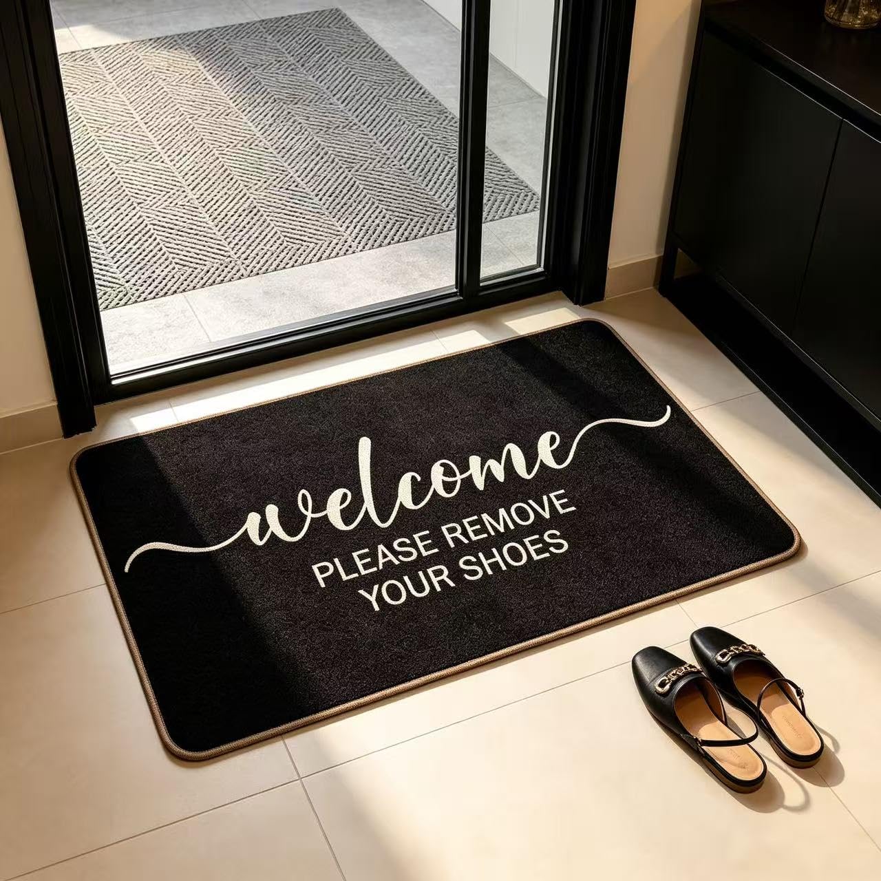 VCVYOP Please Take Off Your Shoes Welcome Doormat 18 x 30 Inch Entrance Indoor and Outdoor Door Mats Easy to Clean Black Rubber Rugs for Home Entry,Kitchen,Bathroom Decor (Black 1)