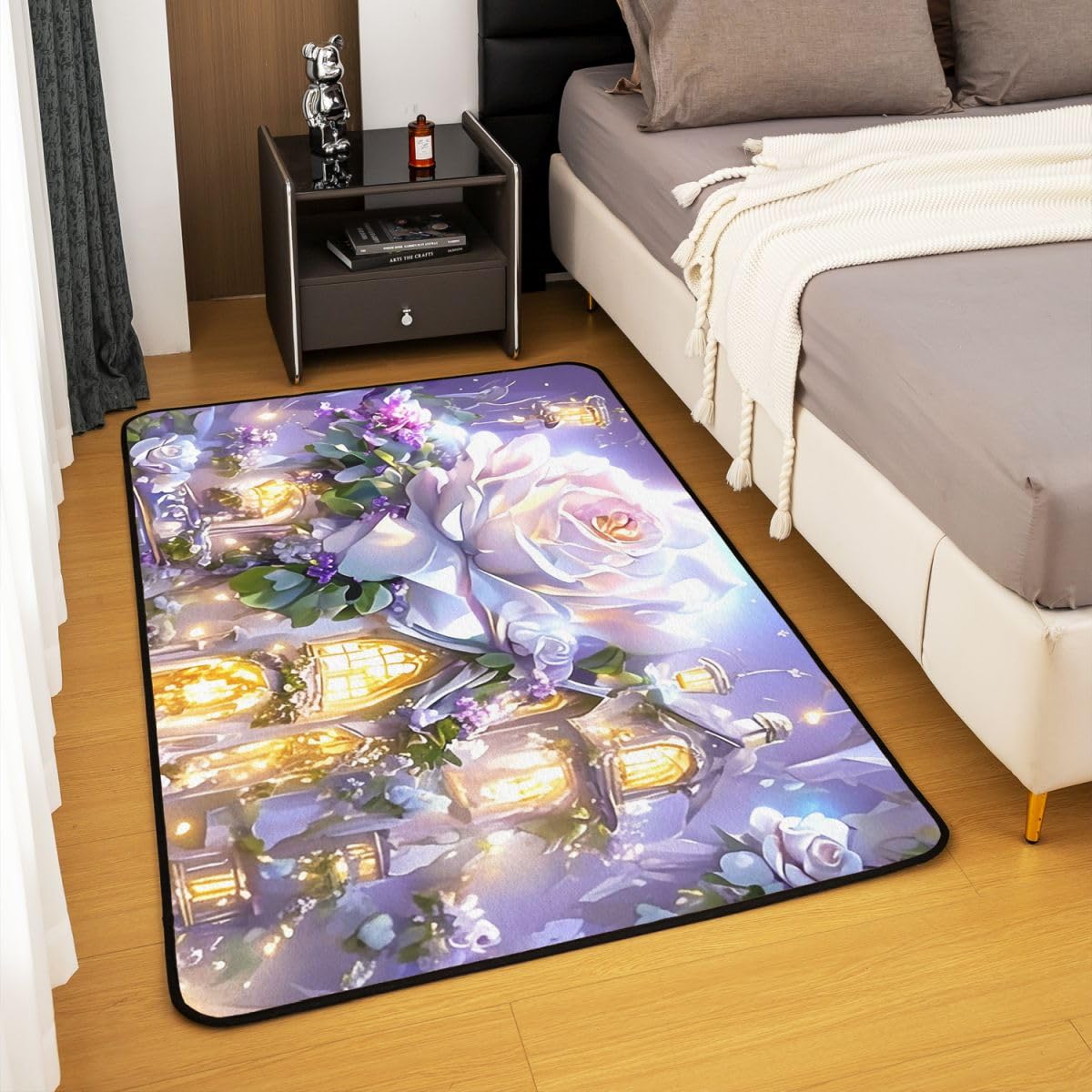 Rose Flower Area Rug 3'x5',Green House Non Slip Carpet for Kids Boys Girls Adults,Castle Princess Floor Mats,Purple White Rug for Living Room Bedroom Playroom Backyard
