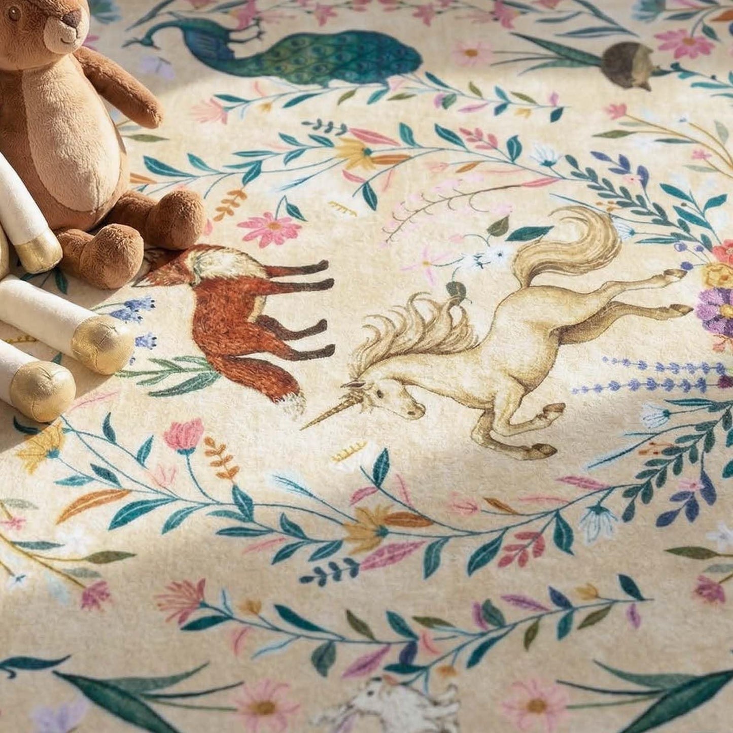 jinchan Moonrise Area Rug 8x10 Kids Room Rug Washable Unicorn Rug Soft Non-Slip Low Pile Fairytale Woodland Animals Floral Carpet for Classroom Nursery Playroom Bedroom Living Room Daylight Cream