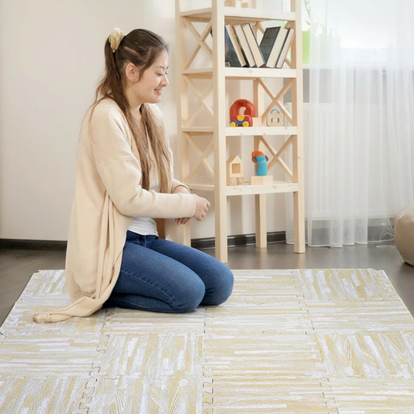 Tebery 16 Pieces Printed Wood Grain Floor Tiles 3/8-Inch Thick EVA Foam Puzzle Floor Mat (White Wood)