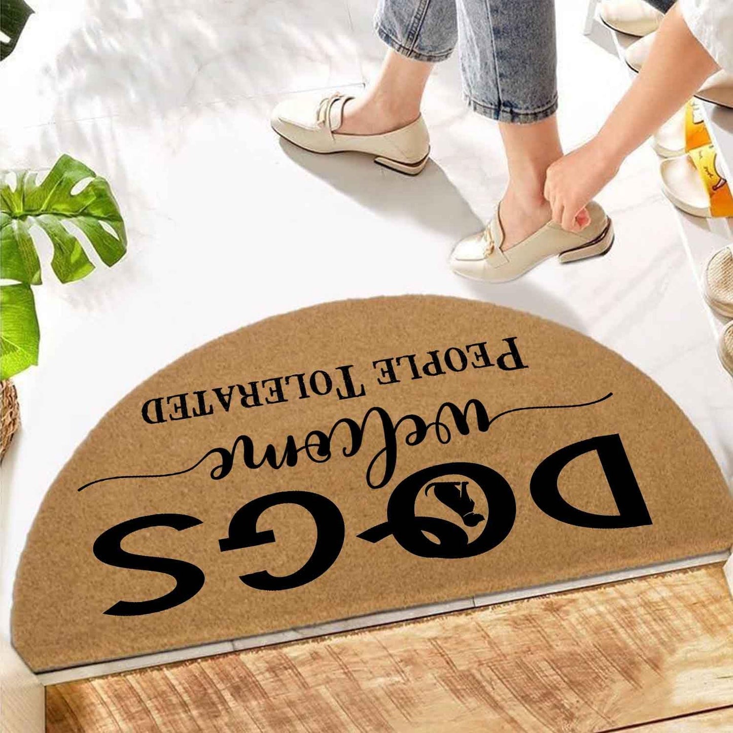 Funny Dog Half Round Doormat, Dogs Welcome People Tolerated Welcome Mat, 29.5"x17" Faux Coir Entryway Rug, Low Profile Non-Slip Outdoor Indoor Floor Carpet for Pet Lovers