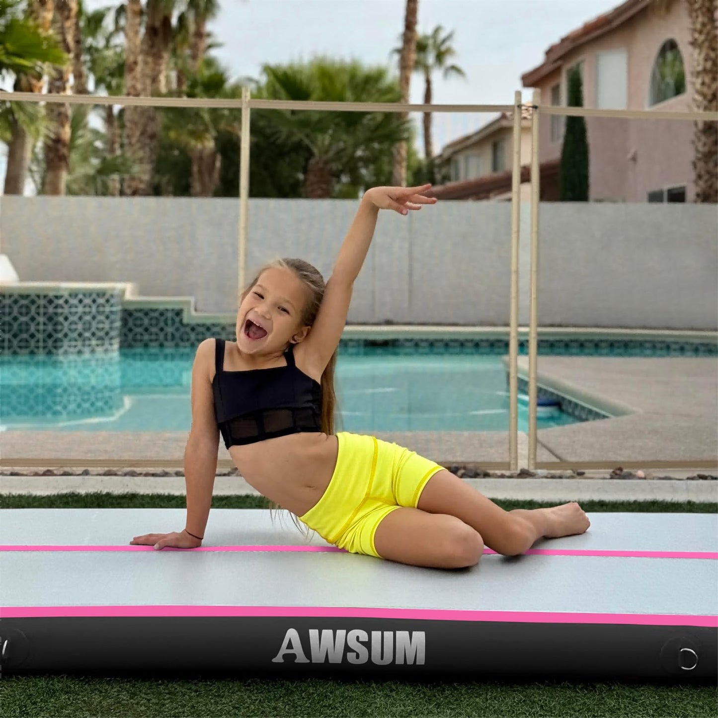 AWSUM Tumbling Mat 10ft/13ft/16ft/20ft Inflatable Gymnastics Air Mat 4/8 inches Thickness with Electric Pump for Home Use/Gym/Outdoor Pink/Black