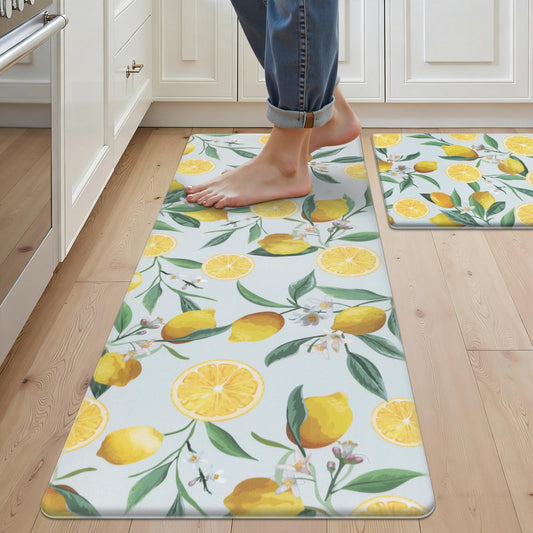 SHACOS Anti Fatigue Lemon Kitchen Rugs Mats Set of 2 Pieces Non Slip Soft Cushioned Standing Mat and Runner Wipeable Waterproof Floor Mat, 17"x27.5"+17"x47", Light Blue