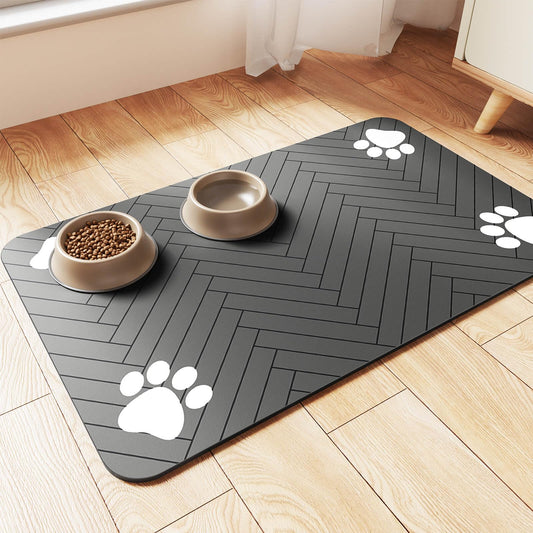Pet Feeding Mat-Absorbent Pet Placemat for Food and Water Bowl, with Waterproof Rubber Backing, Quick Dry Water Dispenser Mat for Dog and Cat (27"x17", Striped Dark Gray)