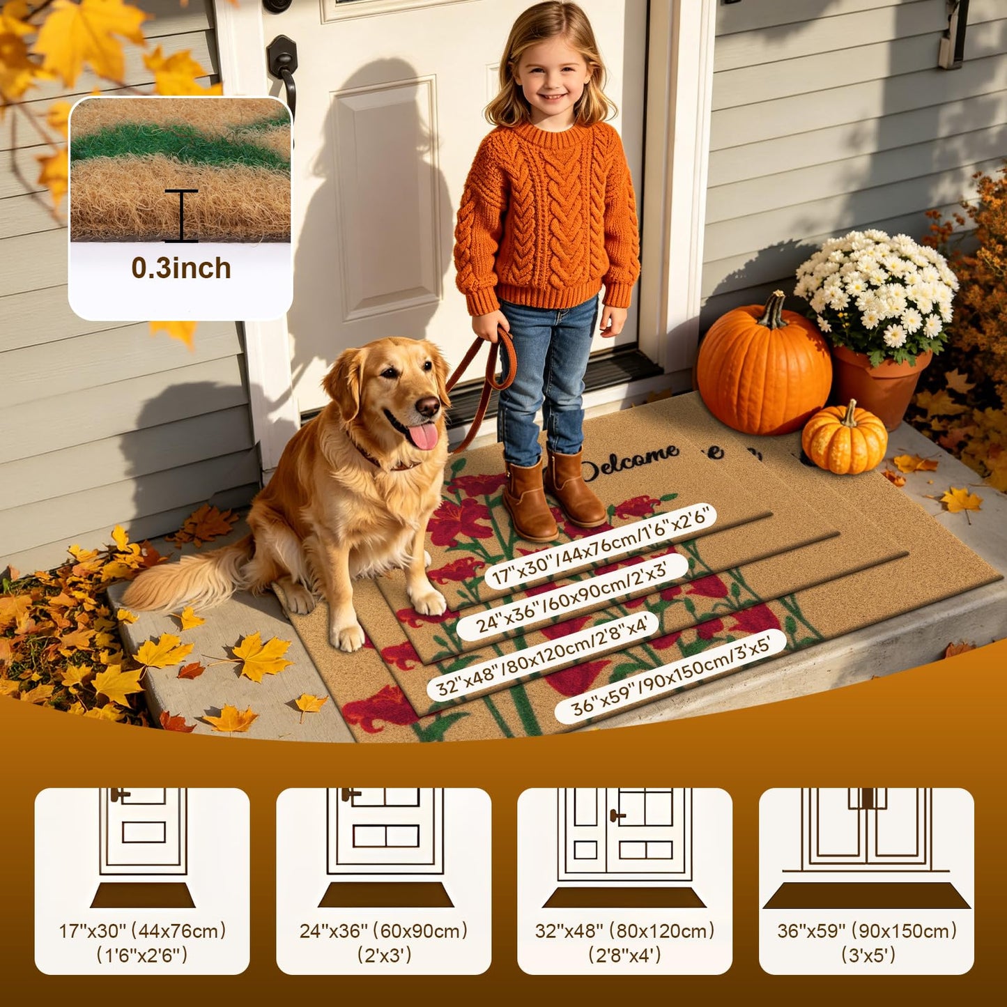 Vaukki Outside Welcome Doormat 24"x36", Non Slip Dirt Trapping Coco Coir Door Mat, Low Profile Front Door Mat Entrance, Durable Easy Clean High Traffic Entryway Doormat, Welcome
