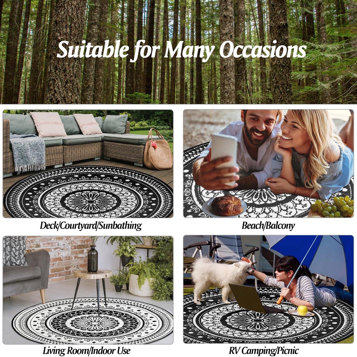 Cekene Round Outdoor Rugs for Patio 8Ft Waterproof Reversible Outdoor Patio Rugs Black Lightweight Plastic Straw Rugs Portable RV Camping Mat Floor Carpet for Deck Porch Picnic BBQ