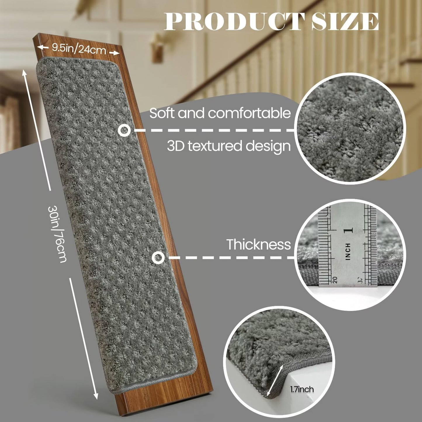 DEXDE Bullnose Carpet Stair Treads Non Slip for Wooden Steps Indoor, 30" x 9.5" x 1.7" (7 Pack) Grey - Peel and Stick Stair Runner Rugs with Edge Protection, Washable & Reusable Pet Friendly Mats