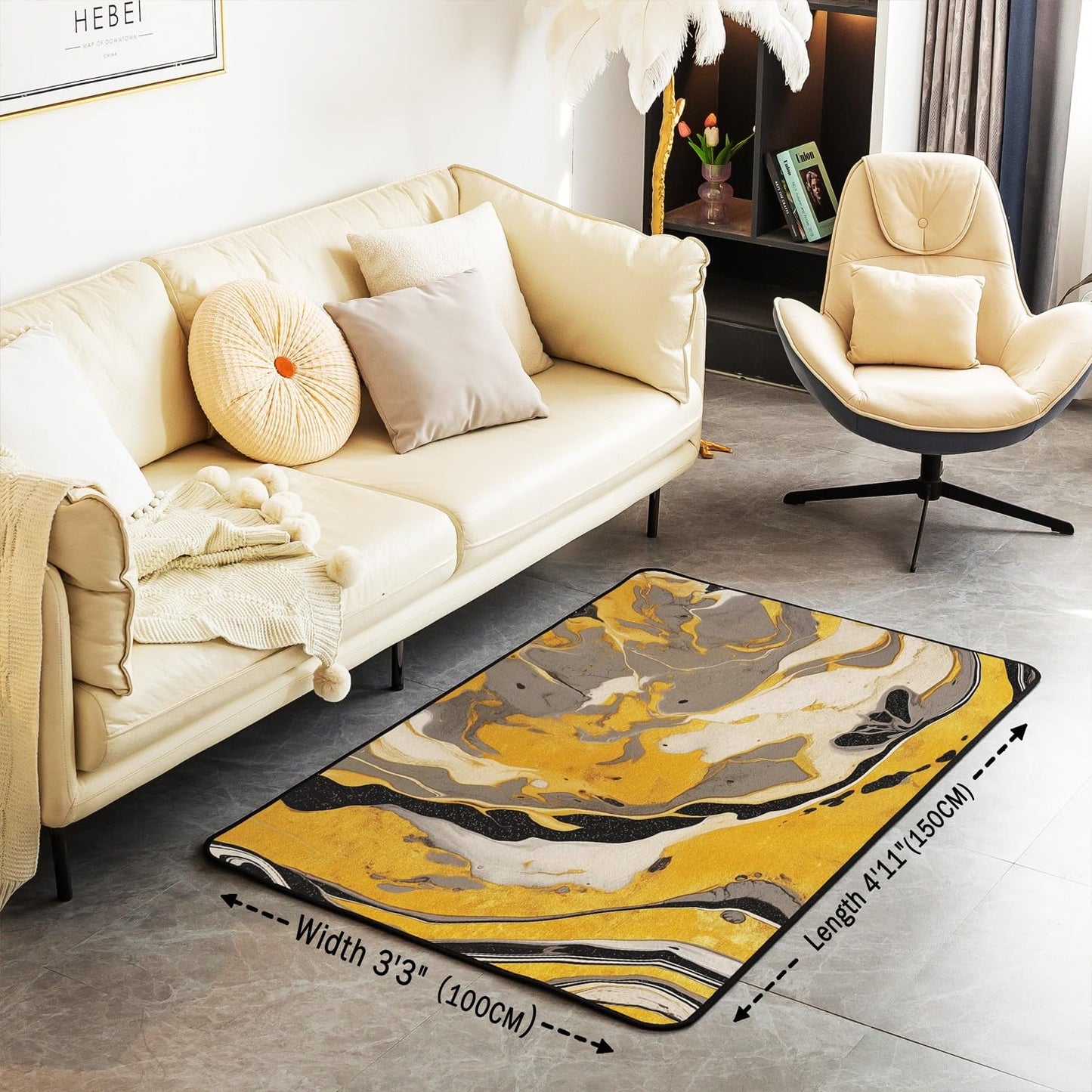 jejeloiu Black Gold Area Rug 3x5 Kids Yellow Black Marble Living Room Rugs for Bedroom Abstract Geometric Indoor Floor Mat Polyester Room Decor