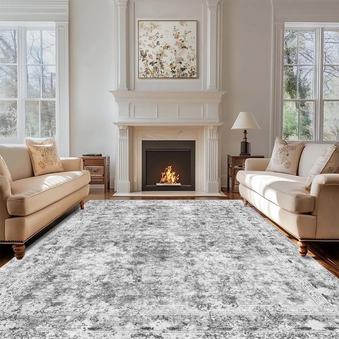 LOOMY 4x6 Grey Washable Rug – Faux Wool Plush Carpet for Living Room or Bedroom, Stain-Resistant & Pet-Friendly