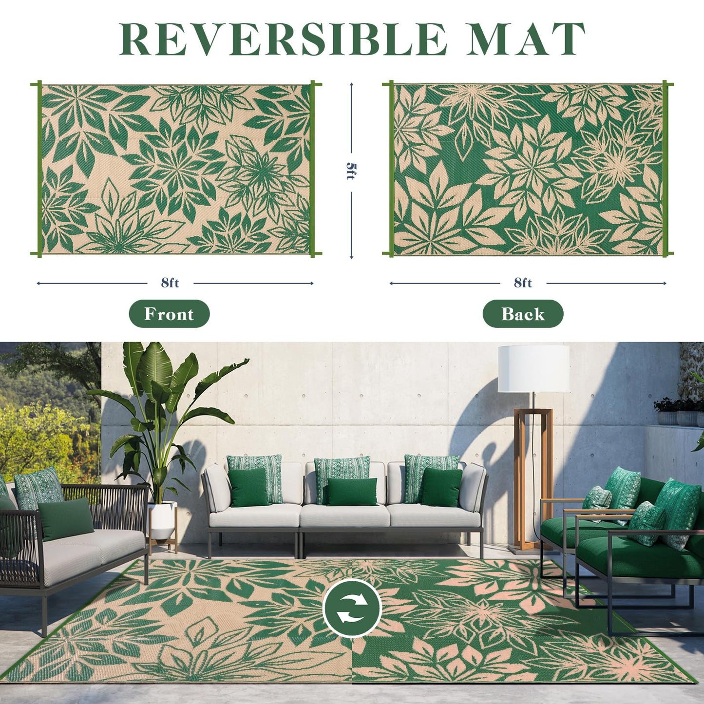 TUKDAK Waterproof Outdoor Rugs 5x8, Green Outdoor Plastic Straw Rug Double-Sided, Fade Resistant Patio Rug, Easy Cleaning RV Camping Mats Outside Carpet Portable for Balcony Porch Garden Deck Picnic