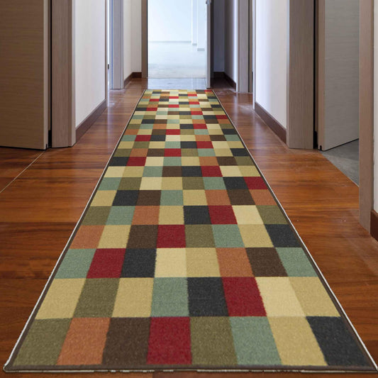 Ottomanson 2'7" x 8' Hallway Runner Rug – Non Slip Low Pile Carpet Runner for Entryways, Stairs, Corridors & High Traffic Areas, Checkered Multicolor