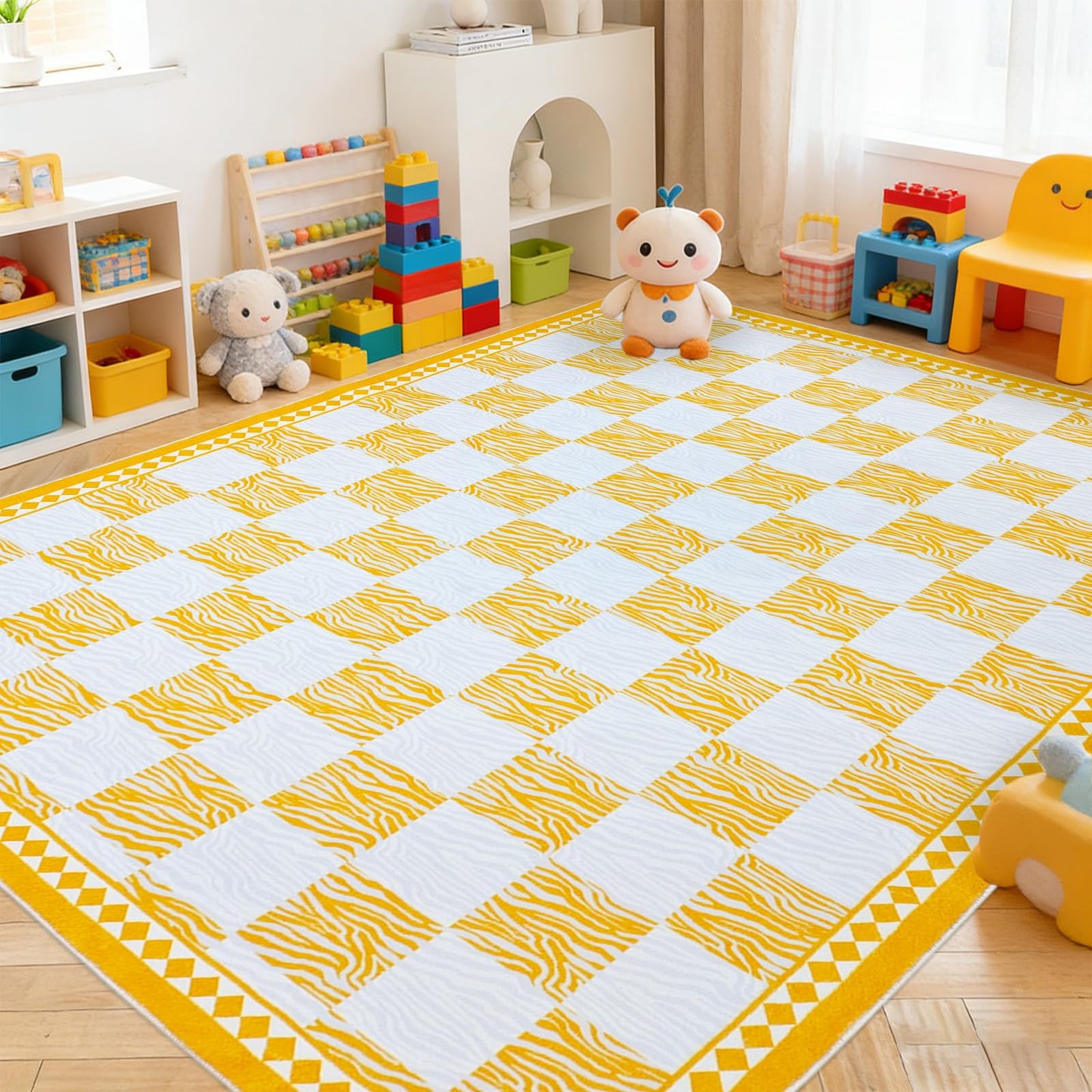 Lacomfy Checkered Rug Carpet 5x6.6Ft Modern Abstract Zebra Mat for Kids Boys Girls Bedroom Farmhouse Living Room Office Entryway Decor, Chic Stripe and Checkerboard, Nonslip Washable, Yellow