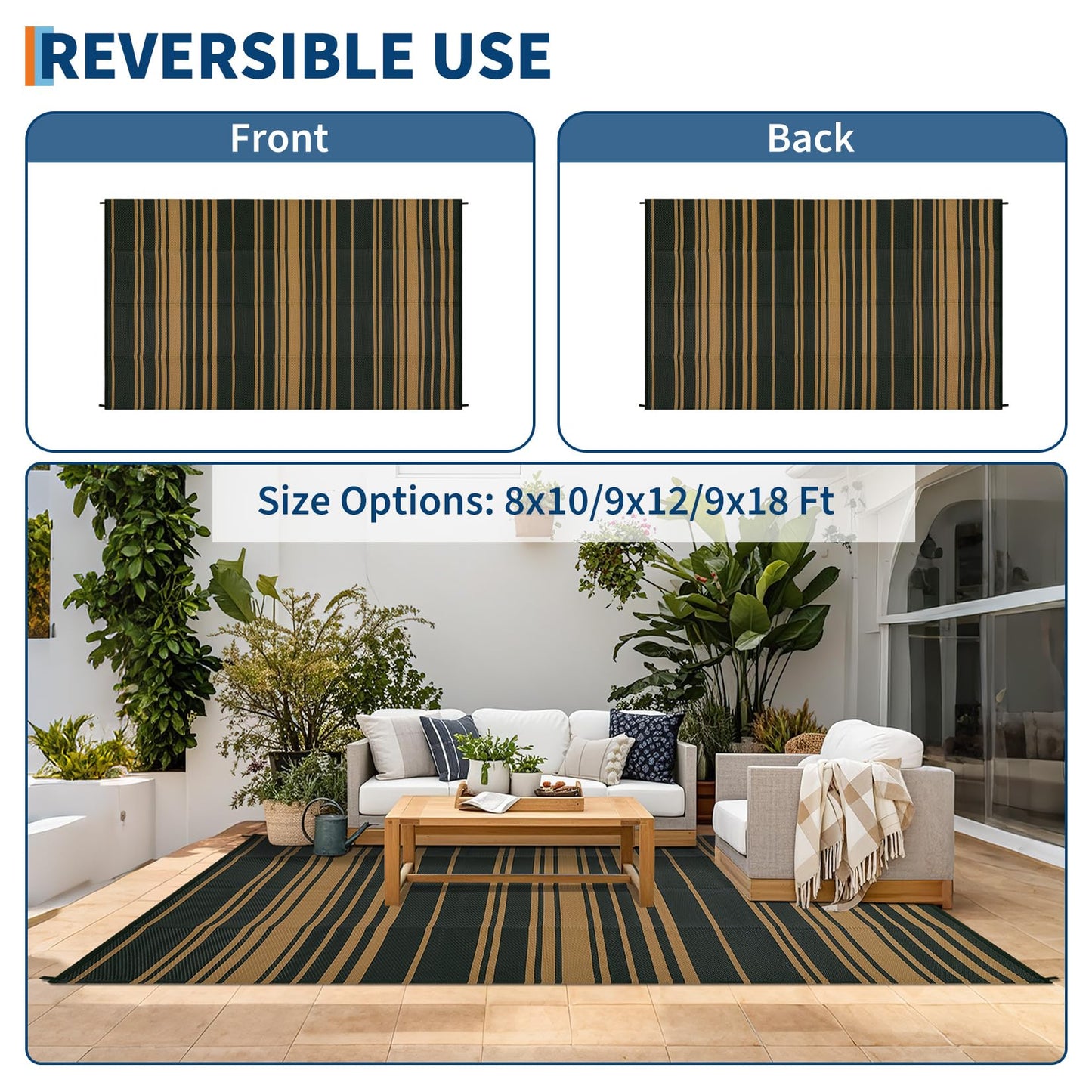 Garvee Waterproof Outdoor Rug 8x10 Modern Striped Lines Plastic Straw Patio Camping Rug Indoor Outdoor RV Mat Carpet for Deck Camper Porch Balcony Backyard Picnic, Black Brown
