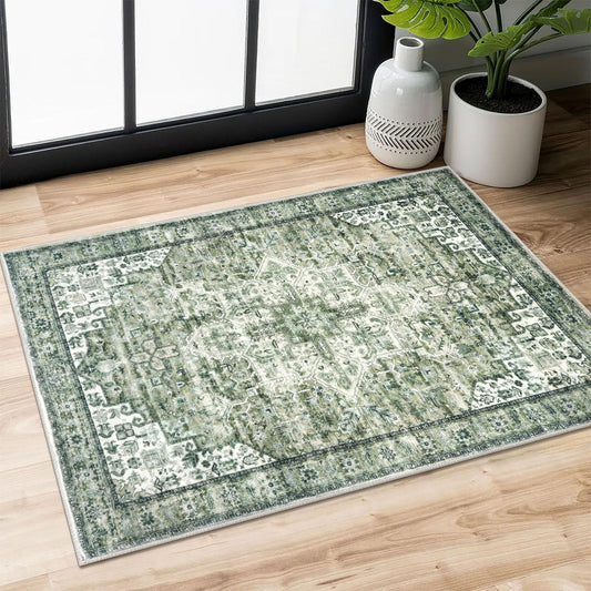 SIILOOM 2x3 Washable Rug for Entryway, Green Soft Traditional Printed Area Rug, Non-Slip Kitchen Rugs, Low-Pile Medallion Indoor Door Mat, Farmhouse Carpet for Entrance Kitchen Foyer