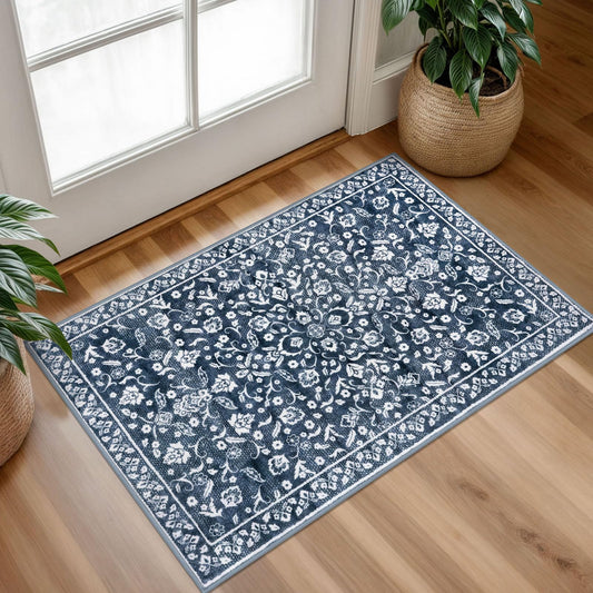 SILOLOOM Vintage Entryway Rug Indoor, Navy Washable Rug 2x3, Small Area Rug with Non-Slip Backing, Floral Print Thin Faux Wool Super Soft Door Mat for Kitchen, Entrance, Bedroom, Office