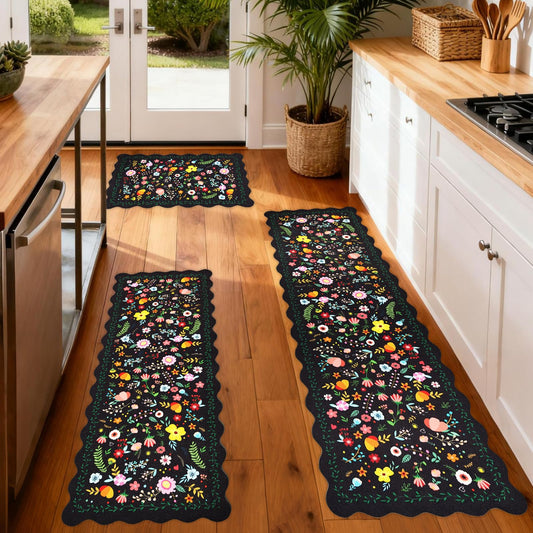CQKEDMA Scalloped Kitchen Mats for Floor 3 Piece Set, Kitchen Floor Mat Non Slip Washable, Narrow Kitchen Runner Rugs Waterproof Boho Floral Standing Mat Door Mat for Sink Laundry, Hallways, Black