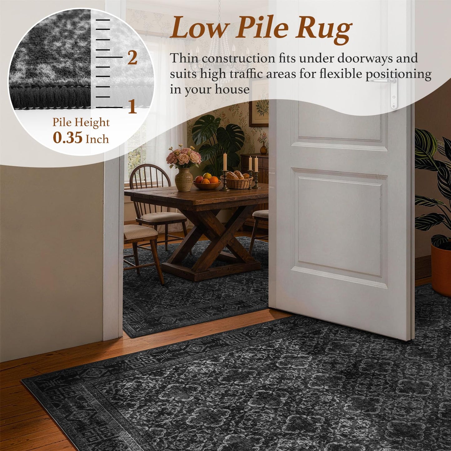LIANLAM 8x10 Washable Area Rug, Vintage Boho Traditional Pattern, Non-Slip Stain Resistant Rug for Living Room Bedroom(8x10,Black/Boho)