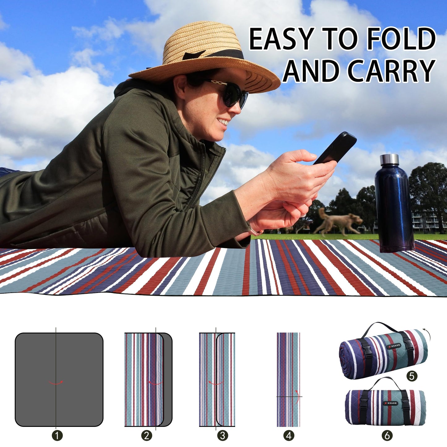 HX&OD Large Picnic Blanket Outdoor 80”x60” Waterproof Picnic Mat Foldable 3-Layer Camping Blanket Portable with Carry Strap Park Blanket for Grass(Red)
