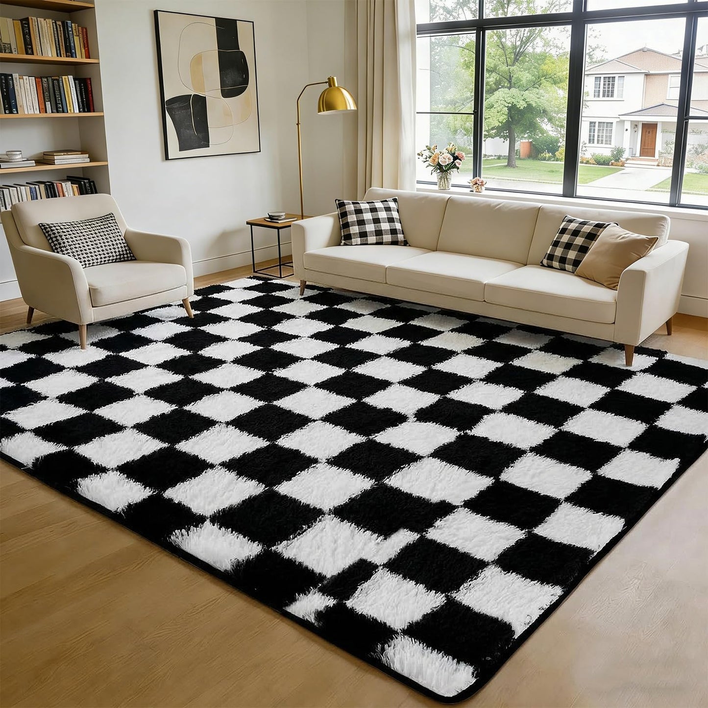 ThreadGlobe Checkered Shag Area Rug 8'x10', Black and White Plush Rug for Living Room, Non-Slip Soft Carpet for Bedroom Nursery, Modern Floor Decor with Grid Pattern, 8x10