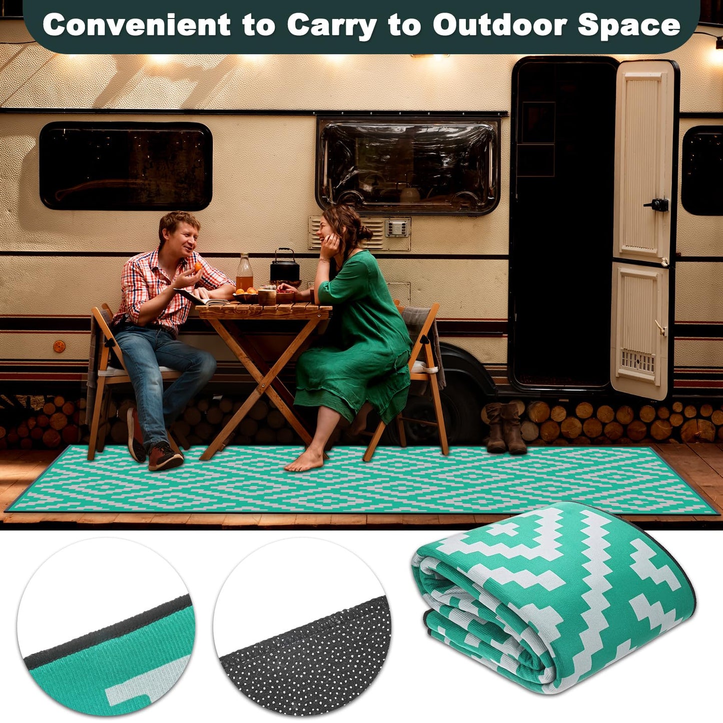 M METERXITY 1-Pack Outdoor Rug, 4.6' x 2.3' Area Rug Polyester Outside Carpet Non-Shedding Geometric Carpet for Patio/Porch/Lawn/Living Room/Balcony/Garden/Camping [Green/White]