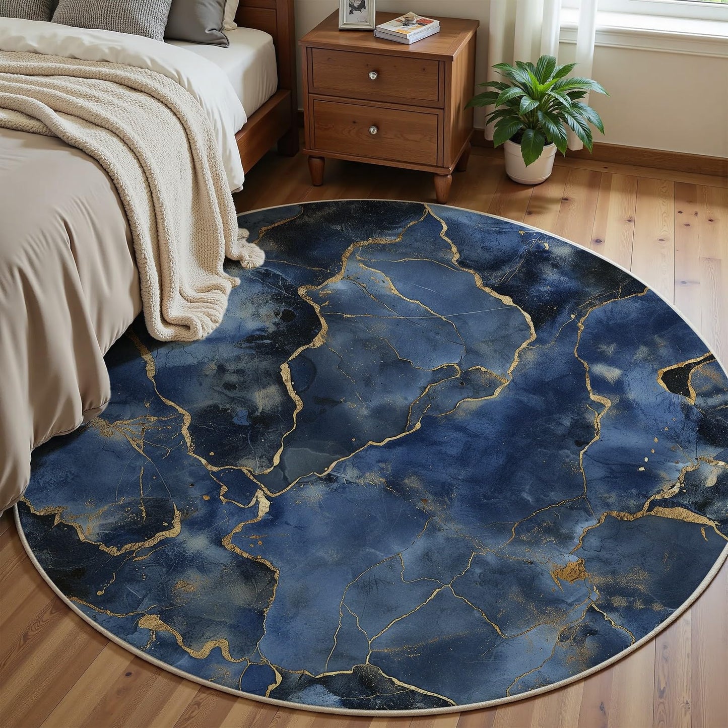 Modern Abstract Area Rug, 5ft Blue White Gold Marble Texture Carpet, So Flannel Washable Floor Rug with Non-Slip Backing for Living Room Bedroom Dining Room Contemporary Home Decor