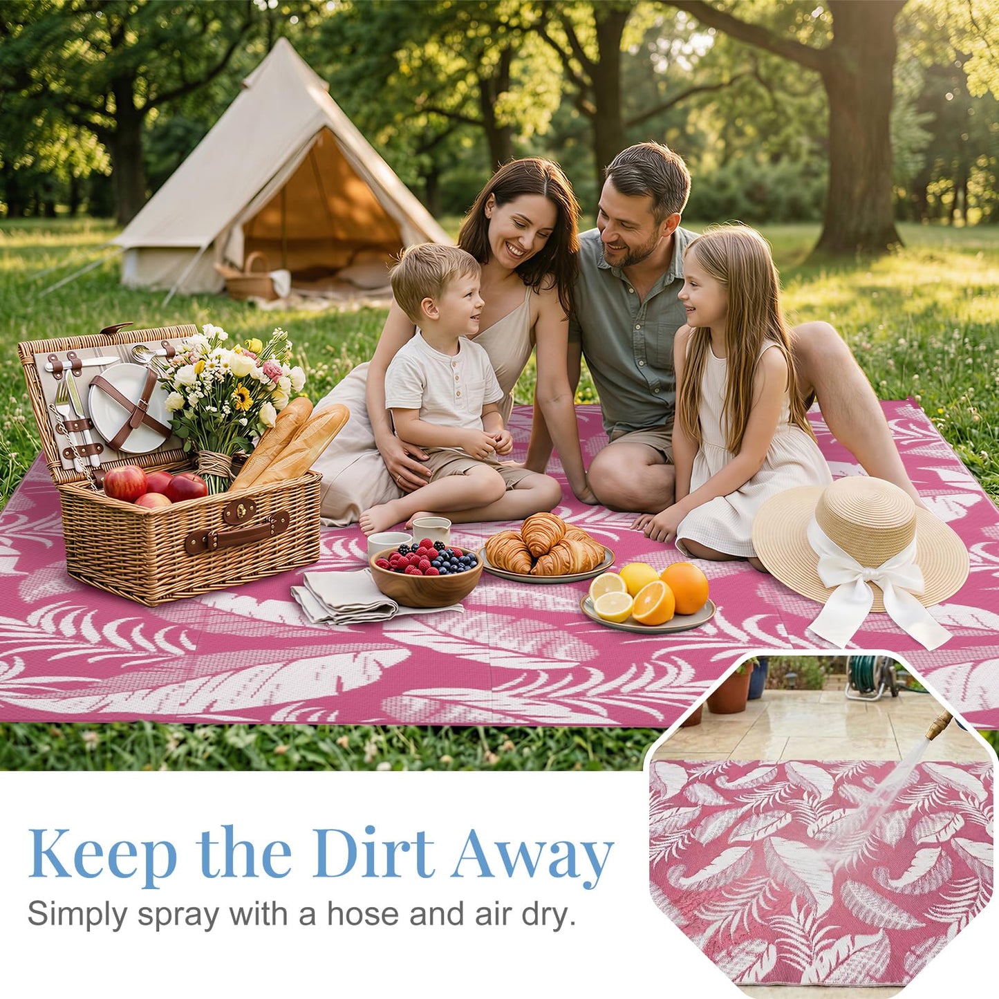 OPPODREAM Reversible Outdoor Rug 5x7, Waterproof Outdoor Plastic Straw Rug for Patio, Tropical Leaf RV Camping Rugs for Outside, Deck, Balcony, Porch, Backyard, Camping, Rv, Pink and White