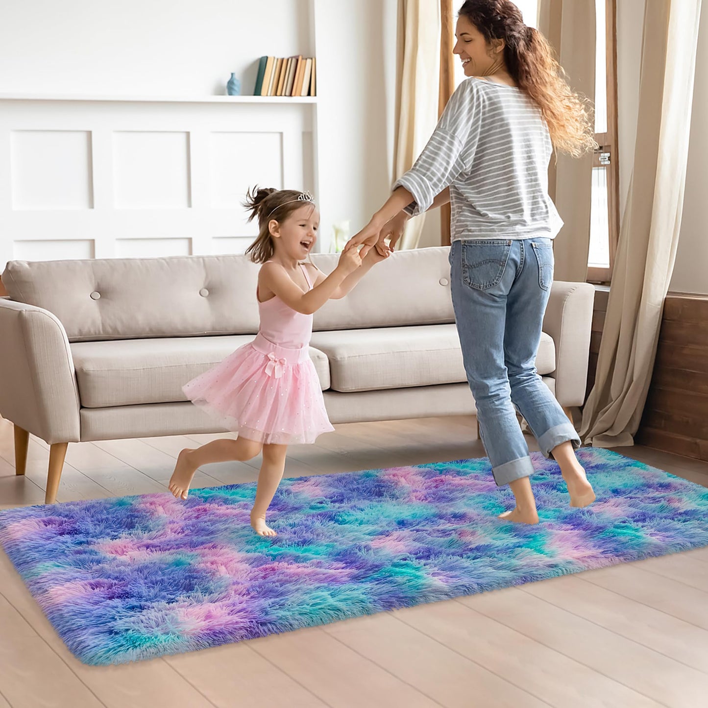 TENNOLA Shaggy Tie Dyed Light Blue Purple Runner Rug 2x6 ft Bedside Area Rugs for Living Room, Anti-Skid Extra Comfy Fluffy Floor Carpet for Indoor Hallway Home Decorative