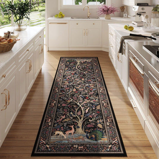 Rugcomf Runner Rug 2x6 Vibrant Tree of Life-Patterned Vintage Kitchen Rugs Non Slip Washable Soft Carpet Runner for Laundry Bedroom Bathroom, Black