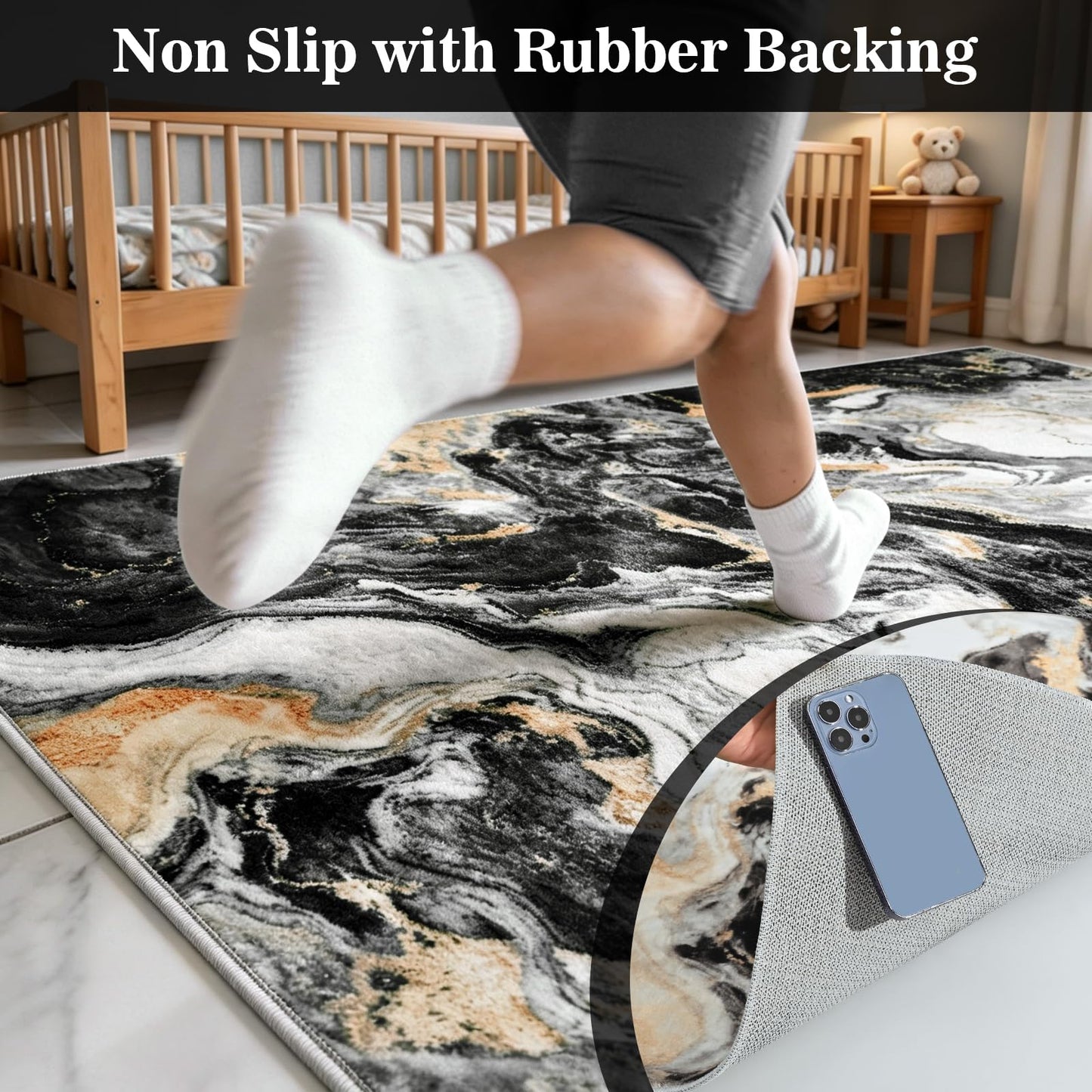 Yinhua Washable Rug 5x7, Marble Black and Gold Rugs Non Slip, Abstract Area Rugs Low Pile, Soft Faux Wool Modern Throw Rug Pet Friendly, Contemporary Floor Carpet for Living Room Bedroom Kitchen