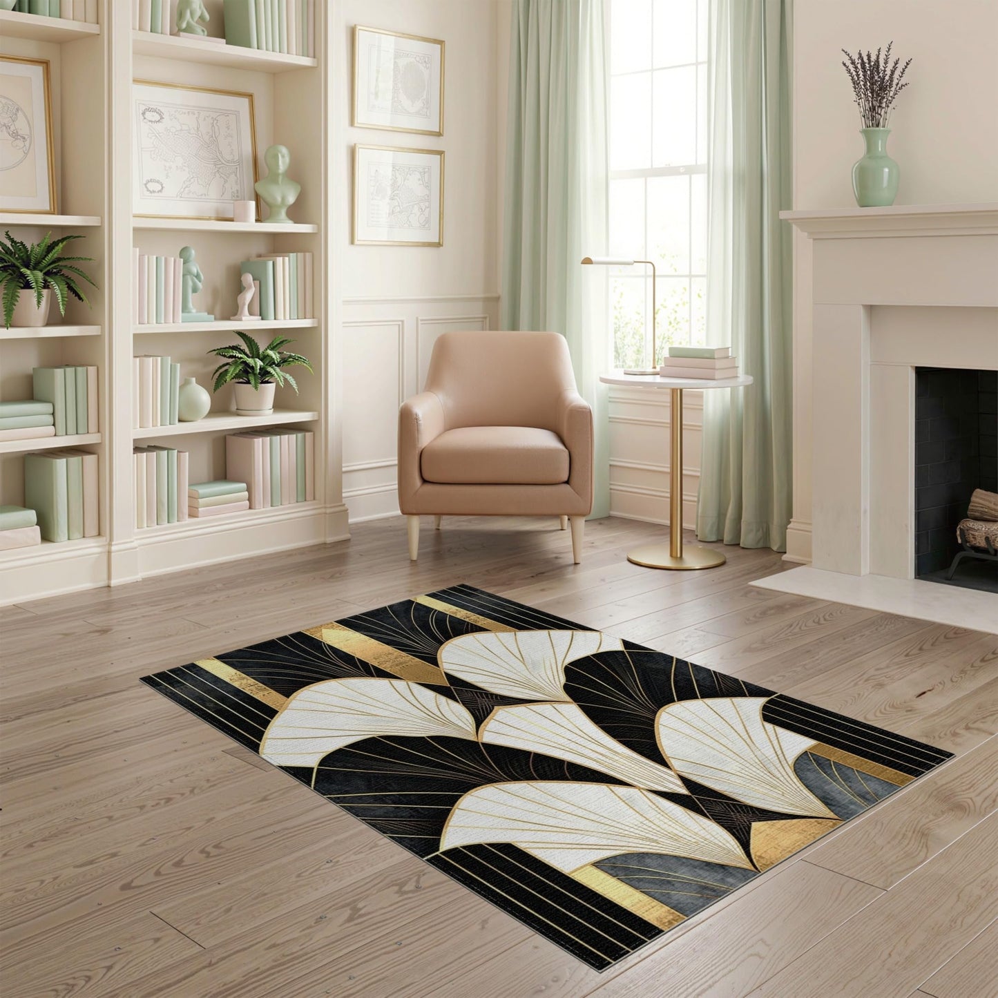 Flatwoven High Traffic Area Rug 4x6, Art Deco Inspired Rug with Stylized Fan Motifs and Angular Linework Design, Non Slip, Stain Resistant, Washable Area Rugs for Living Room, Bedroom (Black, 4x6)