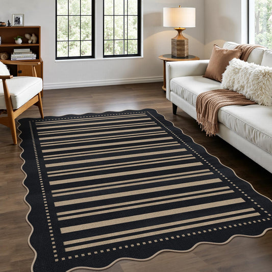 LORWER Striped Easy Jute 4x6 Outdoor Patio Rug, Washable Indoor Outdoor Black Kitchen Rugs Farmhouse Neutral Non Slip Area Rug for Living Room Backyard Bedroom