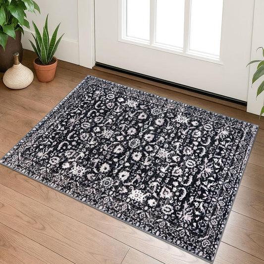 Lansny Vintage Entryway Rug 2x3 Washable, Black and White Kitchen Rug, Super Soft Thin Faux Wool Small Area Rug, Non-Slip Accent Mat for Foyer, Bedroom, Office