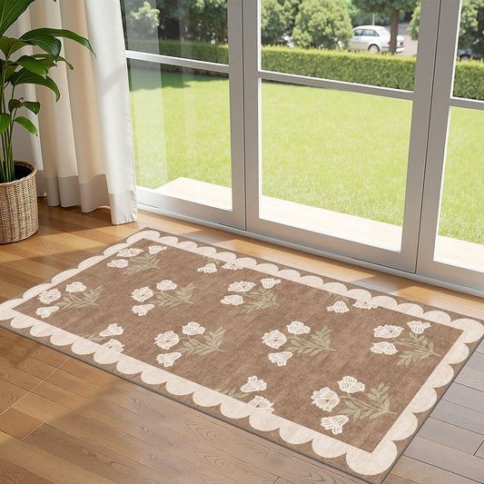 Othilic Front Door Mat Indoor Entrance - 2x4.3 Ft Floral Washable Layered Doormat Outdoor Entrance Porch Rug Non-Slip Tan Boho Farmhouse Runner Rug for Kitchen Hallway Bedroom Laundry Room Porch Decor