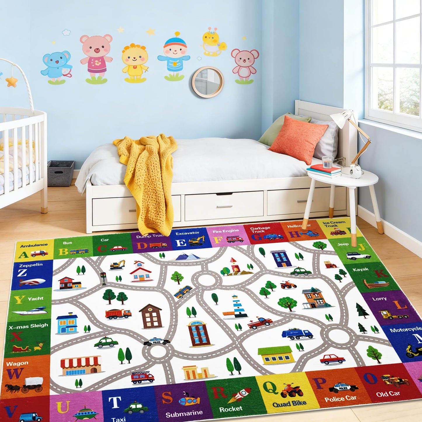 Lacomfy Kids Rug 4x6Ft ABC Car Road Map Play Mat Carpet for Boys Girls Bedroom Playroom Classroom, Vehicles & Alphabet Town Track Learning and Educational Children Area Rug, Nonslip, Indoor Decor