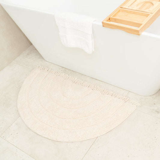 BIEN BEAU Unique Boho Half Moon Bath Rug – Ivory - 100% Cotton Bathroom Rugs - Stylish Non-Slip Bohemian Rug for Bath and Bedroom – Cute Boho Decor 20 x 38 inch