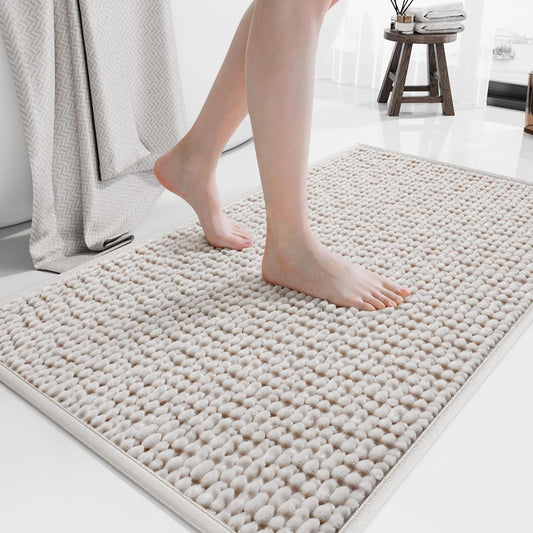 QiCaiJia 16x24 Extra Soft Chenille Bathroom Rugs - Non Slip Quick Dry Absorbent & Washable Bath Mat, Thin Low Profile Fit Under Door, Shower Mat for Outside Shower - Beige