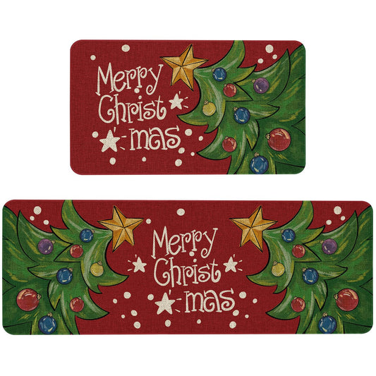 Mloabuc Merry Christmas Kitchen Mats Set of 2, Anti Fatigue Waterproof Stain Resistant Floor Rug Blue Christmas Decorative Non Slip Cushioned Floor Mat - 17x29 and 17x47 Inch
