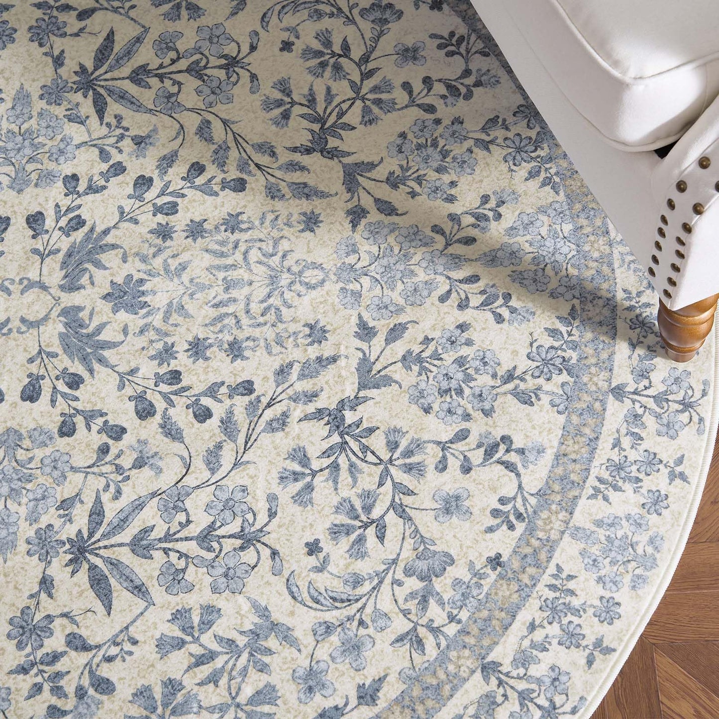 jinchan Zenith Round Rug 4ft Area Rug Soft 4'Round Floral Aesthetic Rug Non-Slip Low-Pile Machine Washable Carpet for Entryway Bedroom Kids Room Kitchen College Dorm Blue/Cream