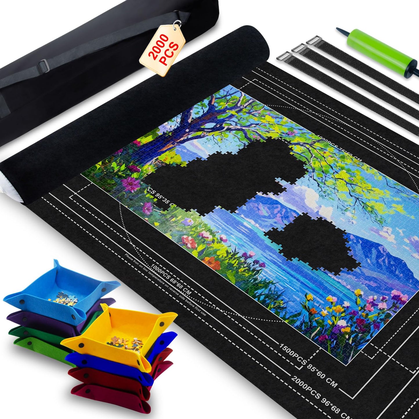 GWLKKE Jigsaw Puzzle Mat Roll Up with Storage Bag, 8 Sorting Trays, Inflatable Tube & Pump | Portable Puzzle Board & Saver for Up to 2000 Pieces | Felt Mat for Adults, Teenage, Travel