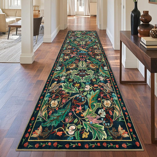 nesrt Boho Washable 3x10 Hallway Runner Rugs, Non Slip Floral Birds Long Kitchen Runners, Soft Jungle Birds Floor Carpet for Entryway, Low Pile Decor Rug for Hall Laundry Bedroom Bathroom (Dark Green)