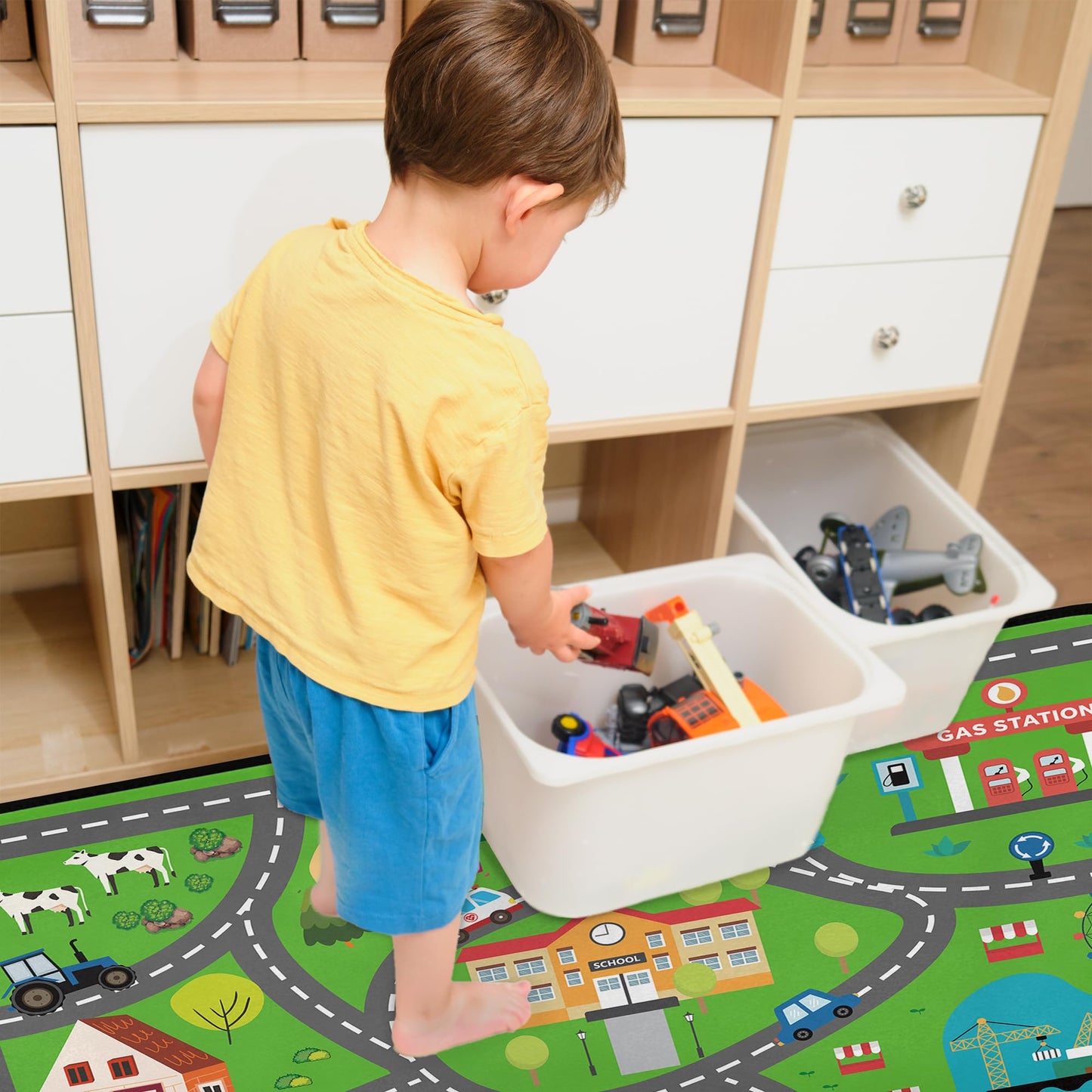 Kids Play Mat Rug, 36"x24" Low Pile City Road Traffic Carpet, Educational Toddler Playmat with Farm & Vehicle Scene, Non-Slip Washable Floor Rug for Playroom Bedroom Nursery, Ideal Gift for Boys Girls