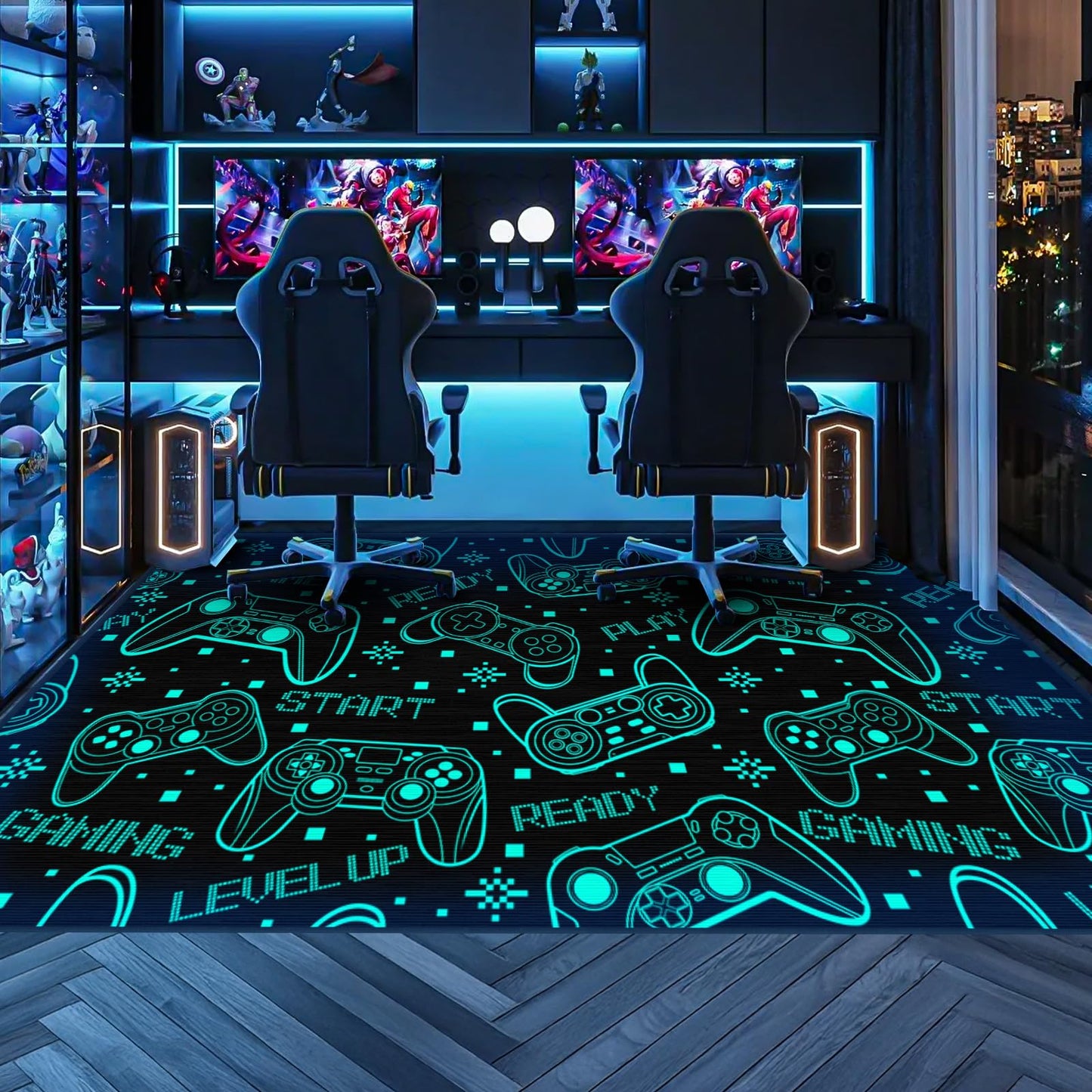 Auetwyona 4x6 Gaming Rug for Boys Room - 3D Printed Games Theme Fluorescent Green Gamer Area Rug for Livingroom Teen Boy Gamer Room Rug Decor Video Game Area Carpet for Bedroom,Game Room
