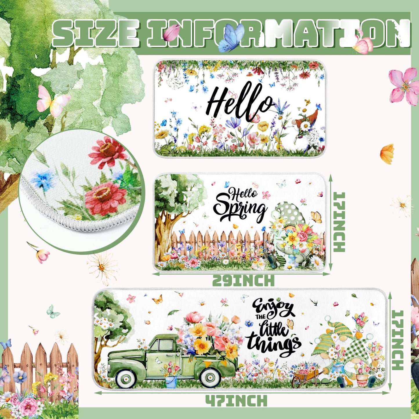 Maasechs 3 Pcs Hello Spring Kitchen Rugs and Mats Set Farmhouse Spring Floral Gnome Rugs Non Slip Washable Spring Floor Mats Rubber Backing Carpet Runner Rug Spring Kitchen Decor for Home Indoor Decor
