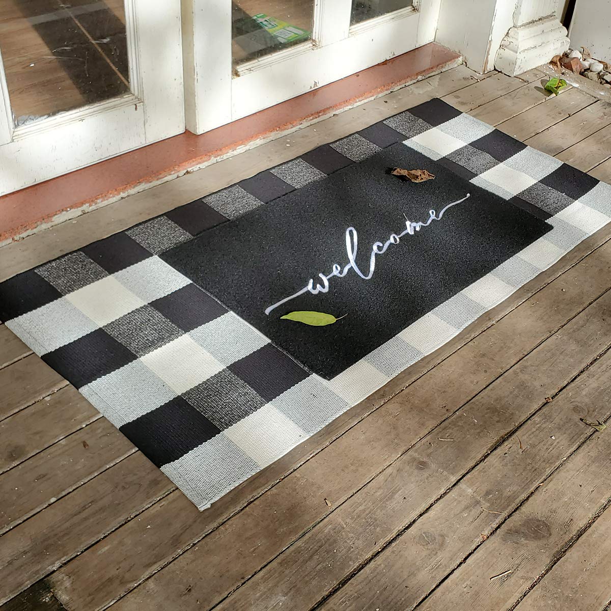 AAZZKANG Welcome Mat Outdoor Indoor Front Door Mats with Non Slip Rubber Back Easy to Clean Low Profile Entrance Doormat for Porch Home Office Patio Living Room High Traffic Areas Black