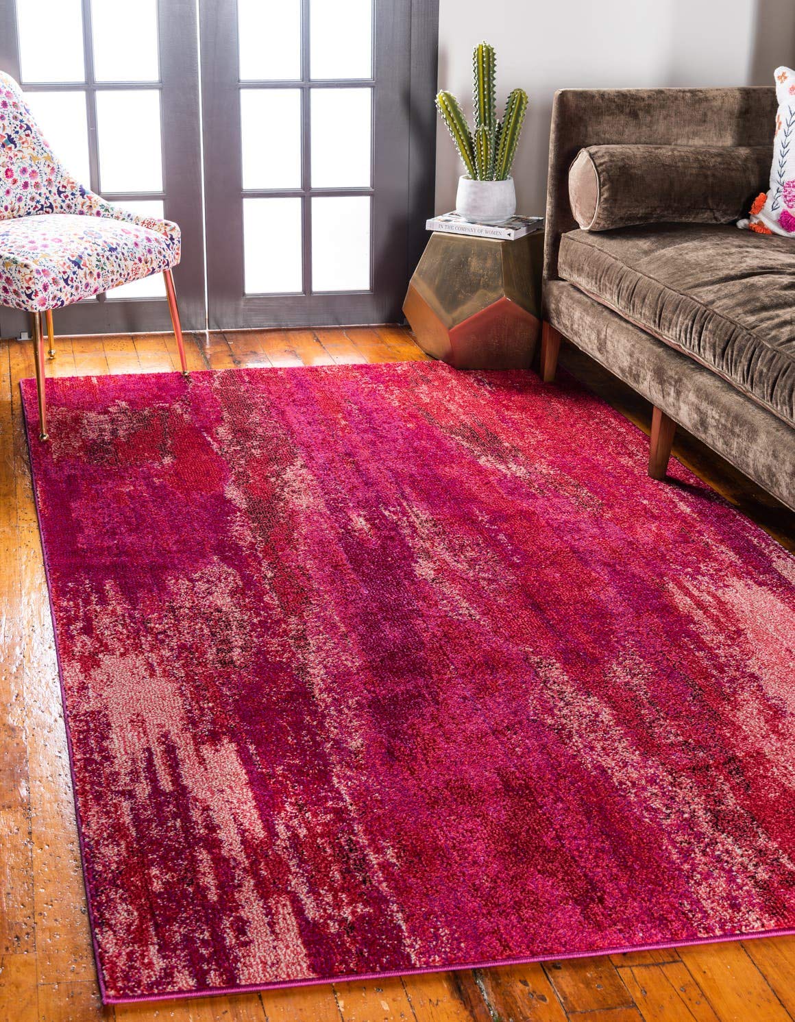 Unique Loom Jardin Collection Colorful, Vibrant, Abstract Watercolor Area Rug (6' 0 x 9' 0 Rectangular, Pink/ Red)