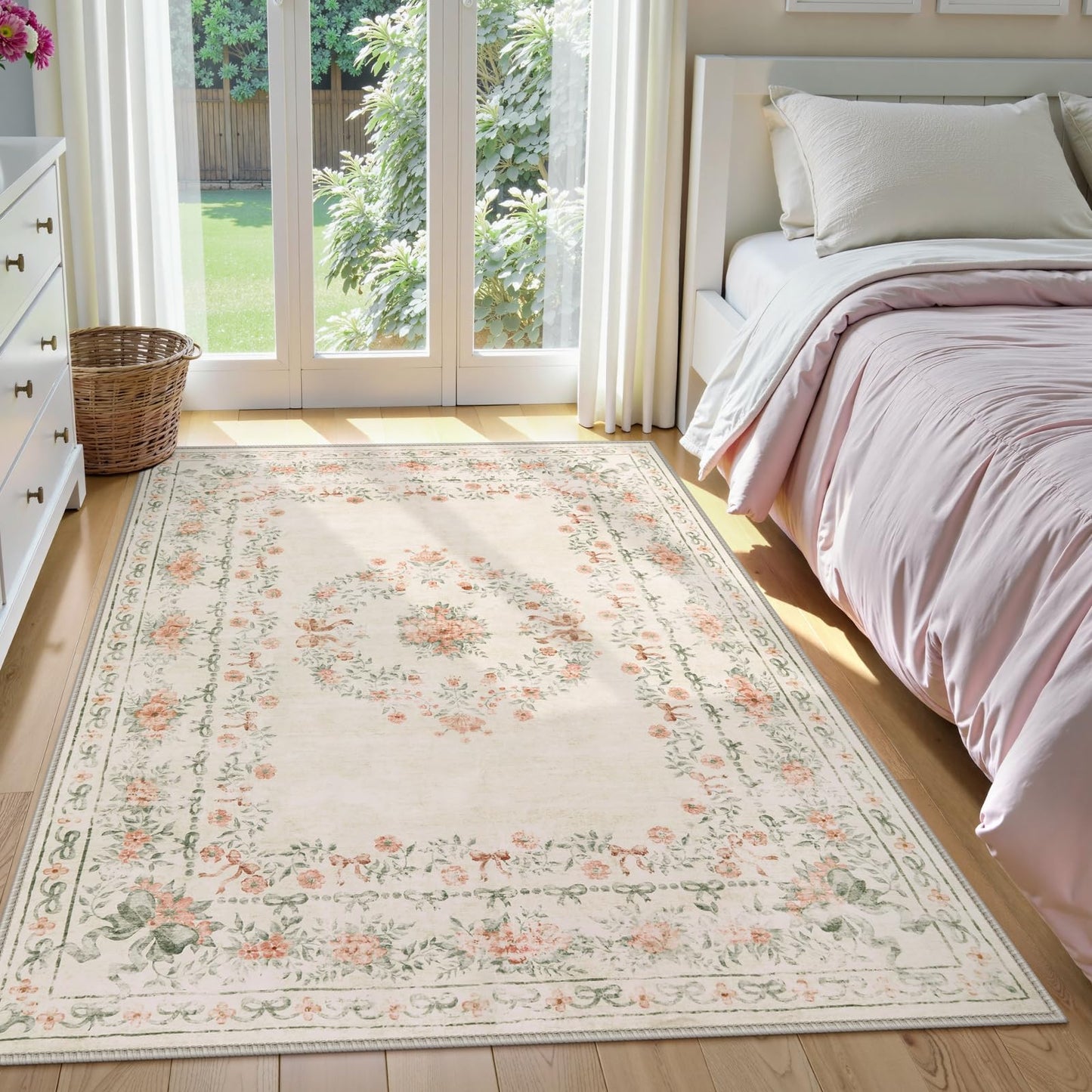 Wonnitar Floral Bow Washable Area Rug 5x7, Ultra-Thin Beige Rugs for Bedroom, Boho Non Shedding Neutral Soft Carpet for Nursey Kids Room Dorm Living Room, Beige