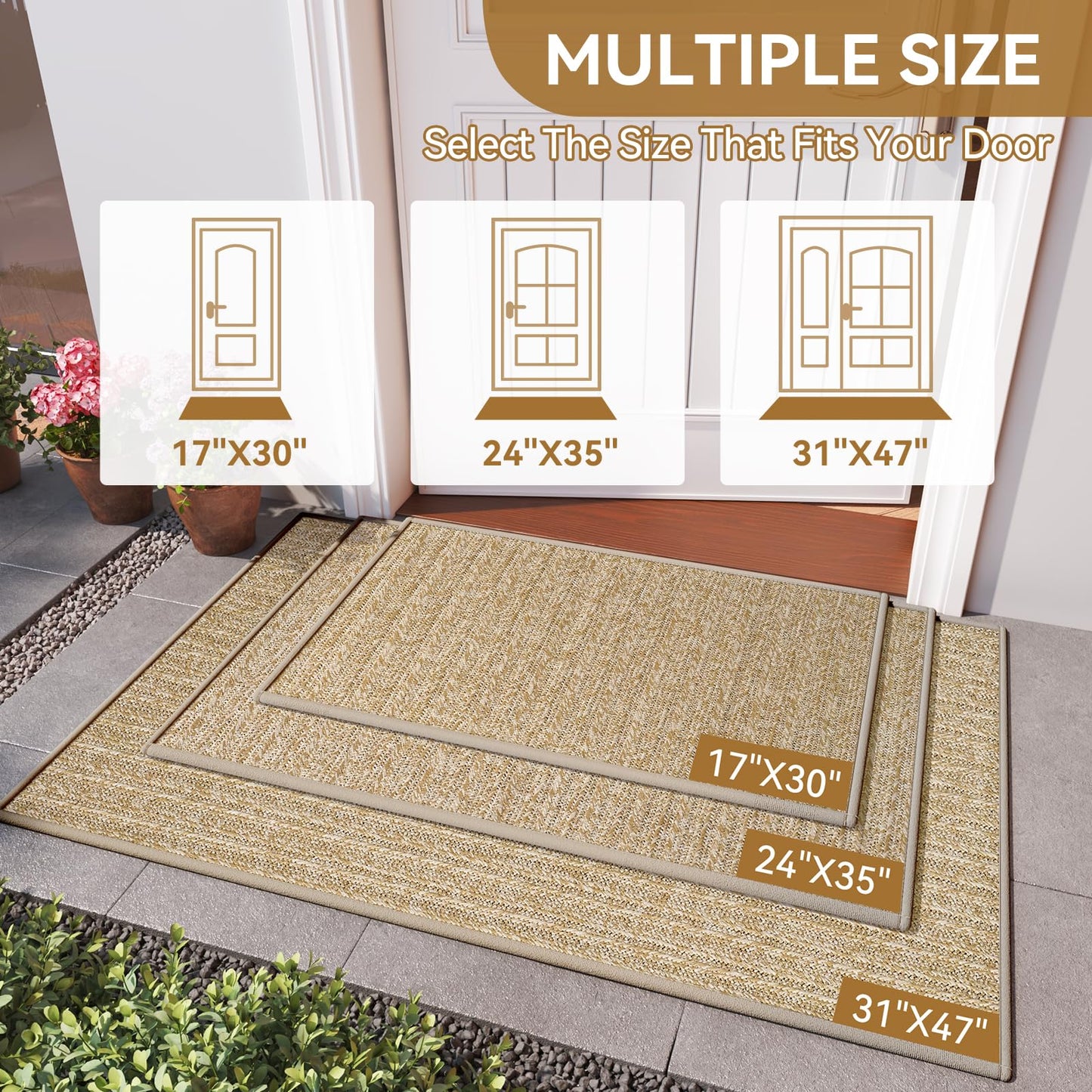 QiCaiJia Front Door Mat 17"x30", Heavy Duty Waterproof Dirt Trapping Non-Slip Doormats, Low Profile Entrance Mats for Front Indoor/Outdoor, Brown