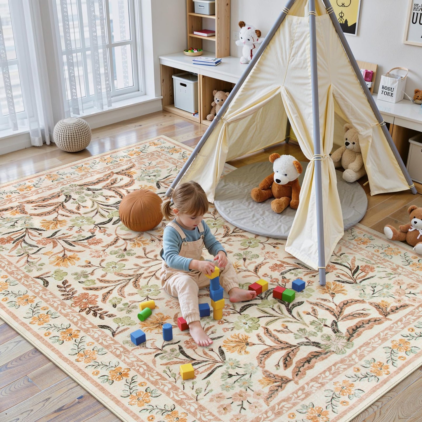 Lahome Sylvie Boho Nursery Living Room Rug, Washable Area Rugs 5x7 for Classroom Kids Room, Soft Floral Thin Carpet for Dorm Apartment Bedroom Decor, Ochre Fall