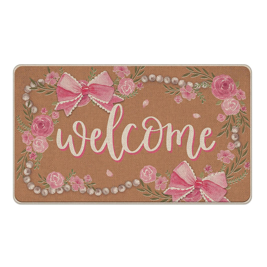 Livcoz Pink Bow Rose Flower Welcome Front Door Mat, Coquette Ribbon Floral Pearl Decorative Doormat Non-Slip Floor Entryway Rug, Girls Preppy Low Profile Indoor Outdoor Home Kitchen Decor 17''x29''