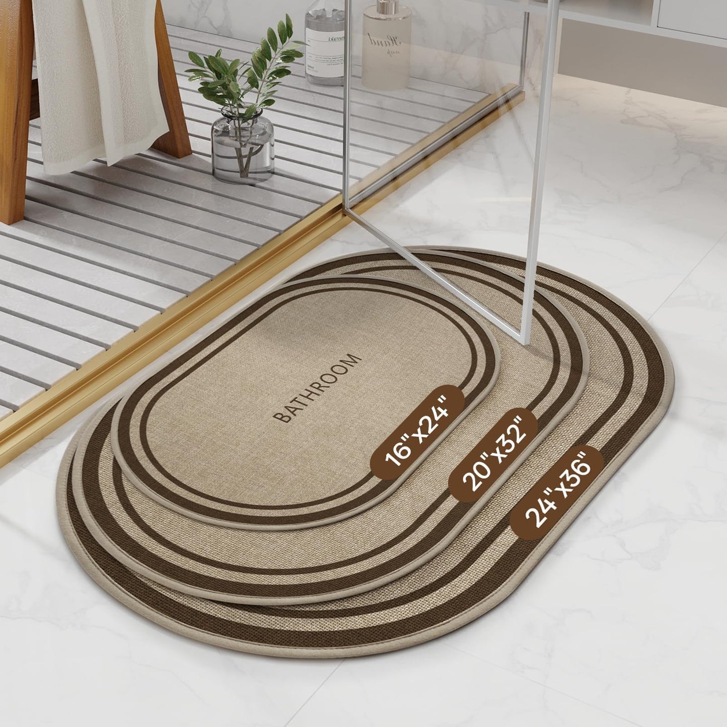 QiCaiJia Ultra Thin Oval Bath Mat Bathroom Rugs, Quick Dry Super Absorbent Washable Bath Shower Mats, Rubber Backing Non Slip Bathroom Rug Fit Under Door, 20x32, Border Brown